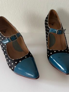 John Fluevog 'Malala' Mary Jane heels in a Pony Dots & Teal colorway,